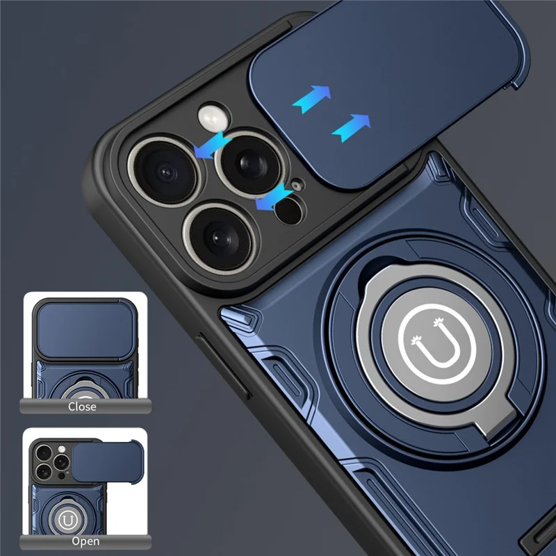 Für iPhone 15 Pro Hülle mit schiebbarer Kameraabdeckung, Ring-Ständer PC + TPU Handyhülle - Dunkelblau