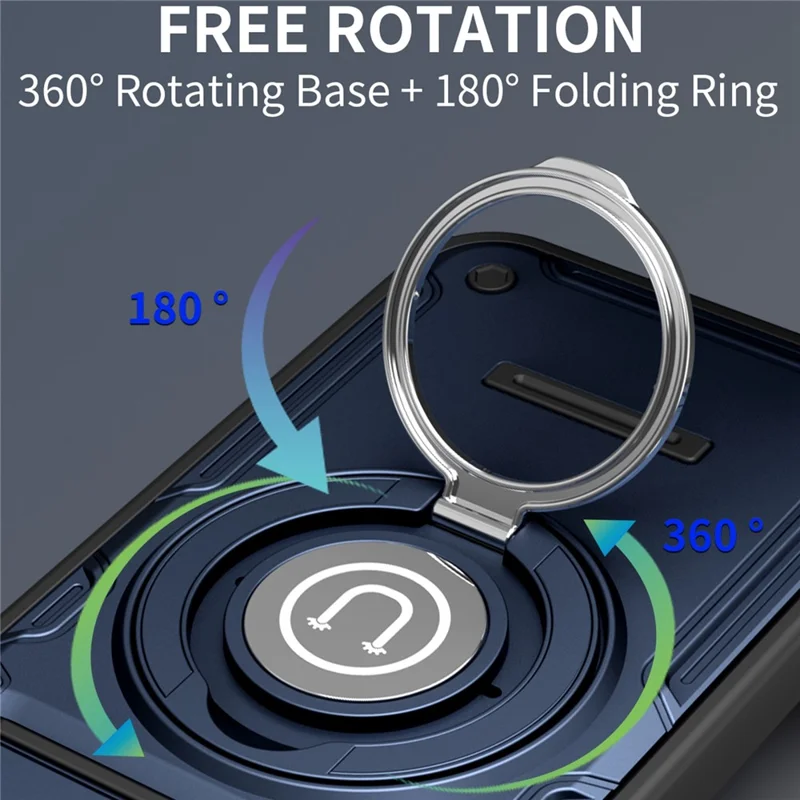 Für iPhone 15 Pro Hülle mit schiebbarer Kameraabdeckung, Ring-Ständer PC + TPU Handyhülle - Dunkelblau