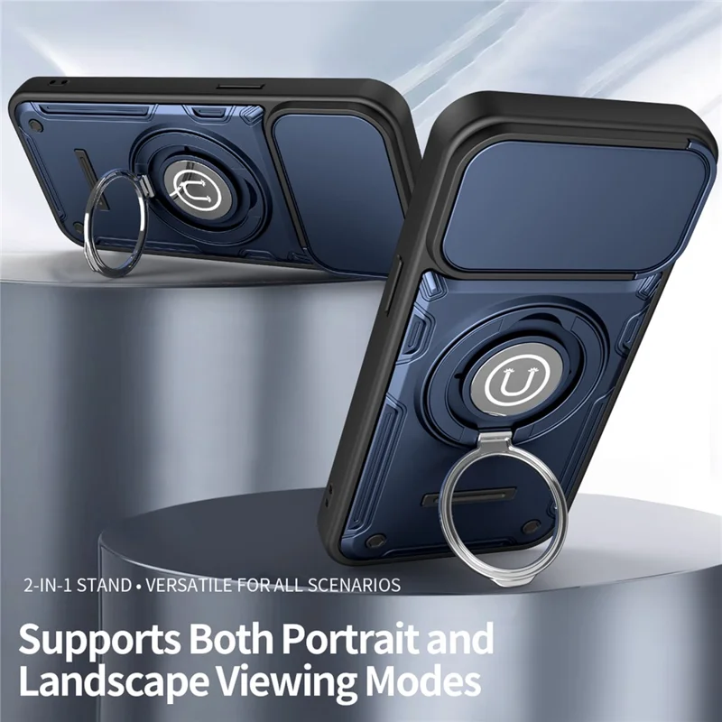 Für iPhone 15 Pro Hülle mit schiebbarer Kameraabdeckung, Ring-Ständer PC + TPU Handyhülle - Dunkelblau