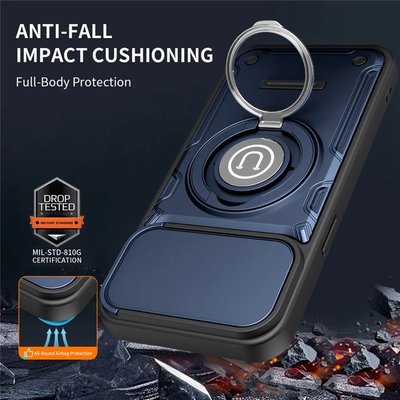Für iPhone 15 Pro Hülle mit schiebbarer Kameraabdeckung, Ring-Ständer PC + TPU Handyhülle - Dunkelblau