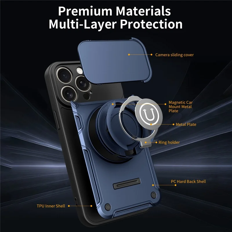 Für iPhone 15 Pro Hülle mit schiebbarer Kameraabdeckung, Ring-Ständer PC + TPU Handyhülle - Dunkelblau