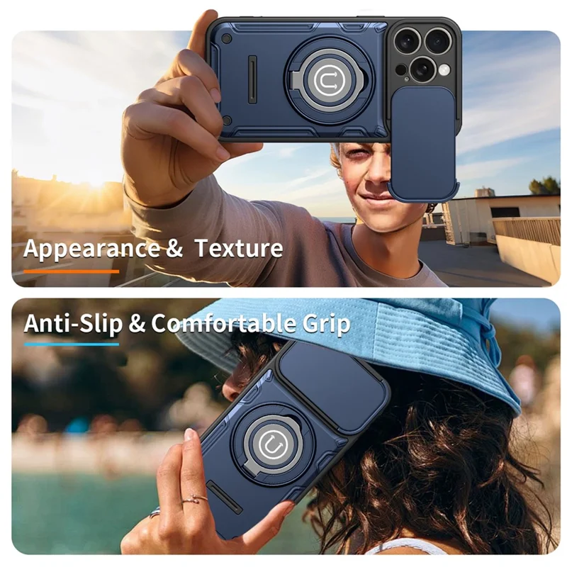 Für iPhone 15 Pro Hülle mit schiebbarer Kameraabdeckung, Ring-Ständer PC + TPU Handyhülle - Dunkelblau