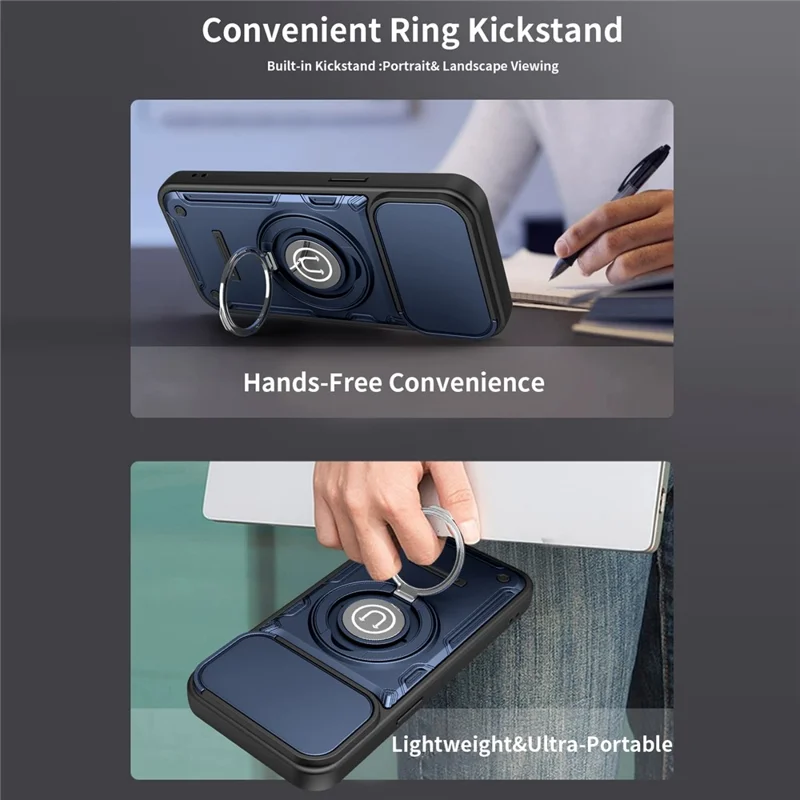 Für iPhone 15 Pro Hülle mit schiebbarer Kameraabdeckung, Ring-Ständer PC + TPU Handyhülle - Dunkelblau