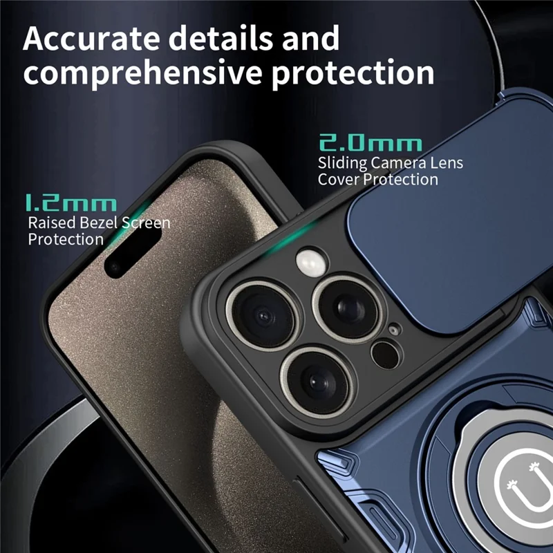 Für iPhone 15 Pro Hülle mit schiebbarer Kameraabdeckung, Ring-Ständer PC + TPU Handyhülle - Dunkelblau