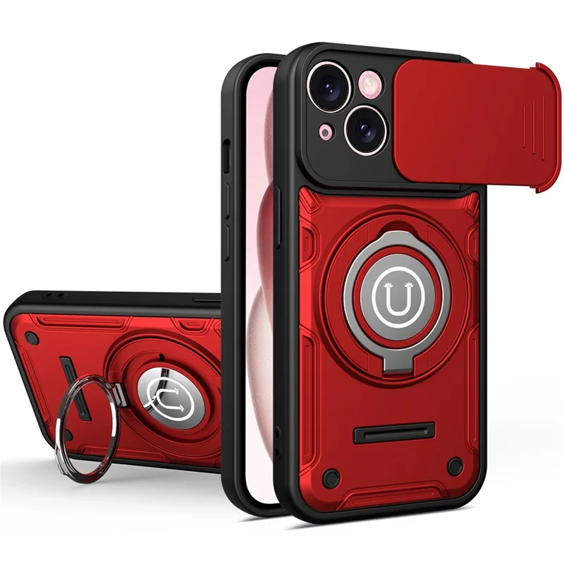 Für iPhone 15 Hülle mit schiebbarer Kameraabdeckung Ringständer PC + TPU Handyhülle - Rot