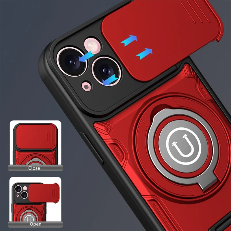 Für iPhone 15 Hülle mit schiebbarer Kameraabdeckung Ringständer PC + TPU Handyhülle - Rot