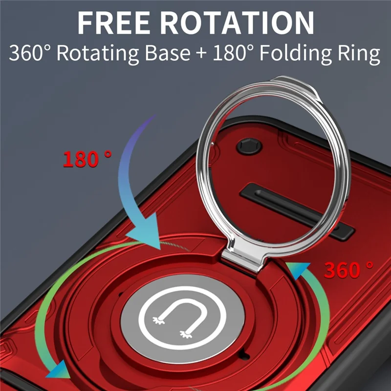 Für iPhone 15 Hülle mit schiebbarer Kameraabdeckung Ringständer PC + TPU Handyhülle - Rot