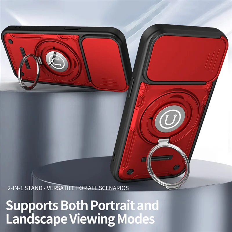 Für iPhone 15 Hülle mit schiebbarer Kameraabdeckung Ringständer PC + TPU Handyhülle - Rot