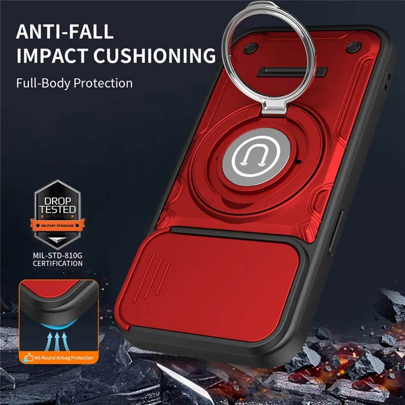 Für iPhone 15 Hülle mit schiebbarer Kameraabdeckung Ringständer PC + TPU Handyhülle - Rot