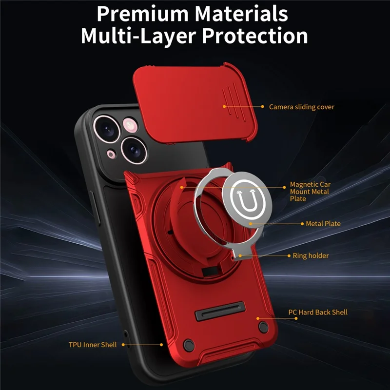 Für iPhone 15 Hülle mit schiebbarer Kameraabdeckung Ringständer PC + TPU Handyhülle - Rot