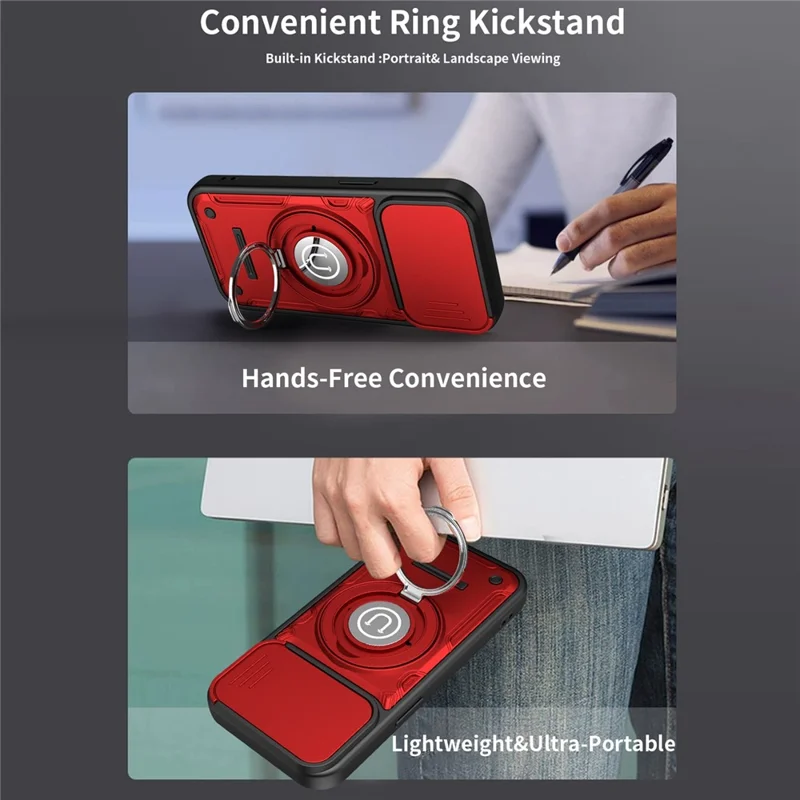 Für iPhone 15 Hülle mit schiebbarer Kameraabdeckung Ringständer PC + TPU Handyhülle - Rot