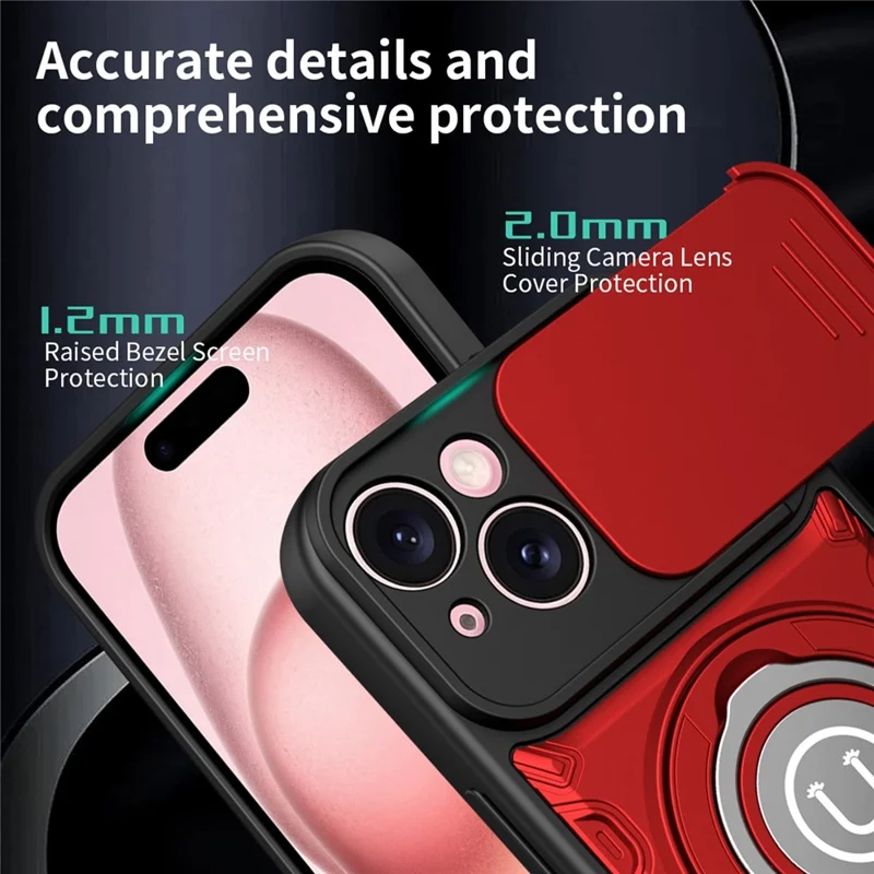 Für iPhone 15 Hülle mit schiebbarer Kameraabdeckung Ringständer PC + TPU Handyhülle - Rot