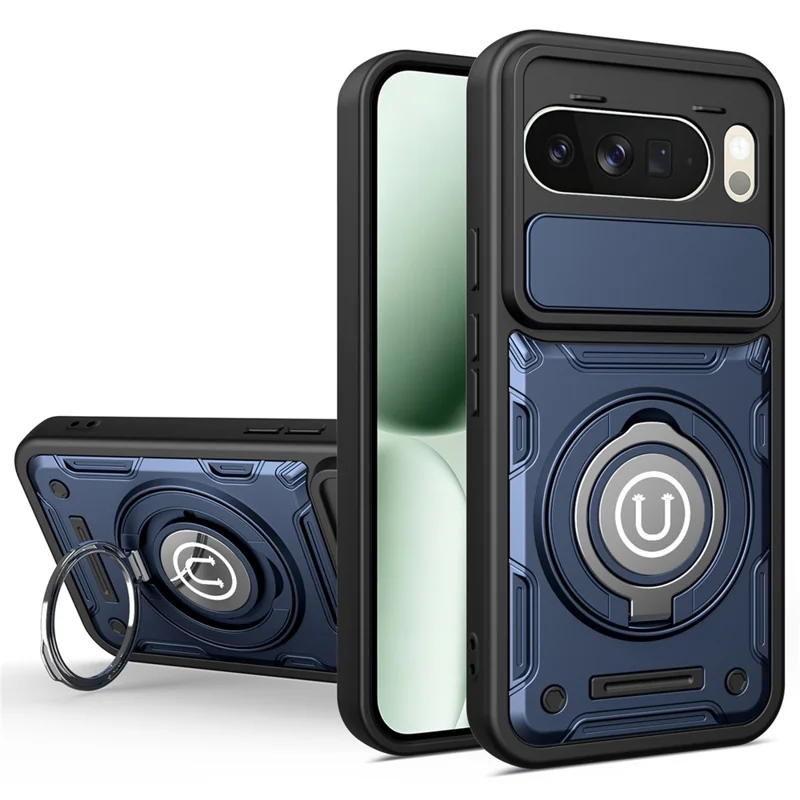 For Google Pixel 10 Pro XL Case with Slide Camera Cover Ring Kickstand PC + TPU Phone Shell - Dark Blue