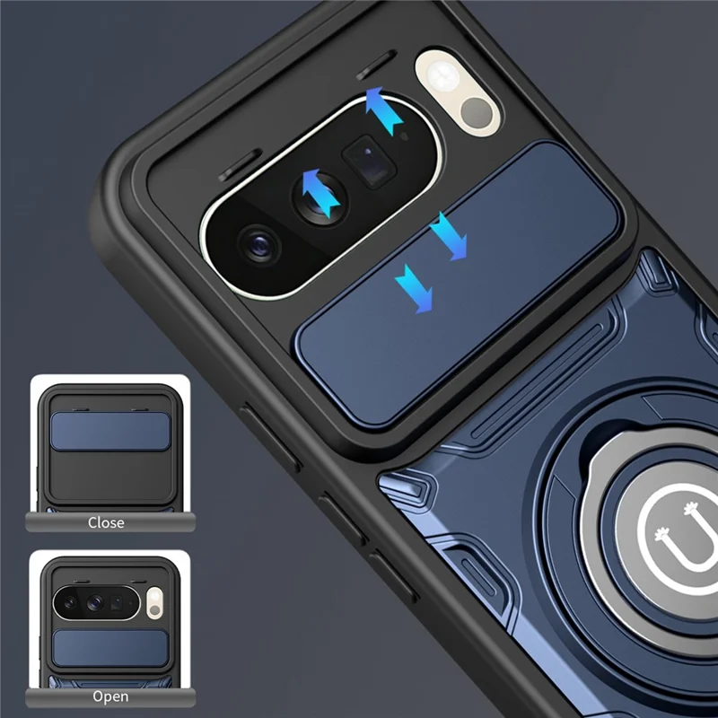 For Google Pixel 10 Pro XL Case with Slide Camera Cover Ring Kickstand PC + TPU Phone Shell - Dark Blue