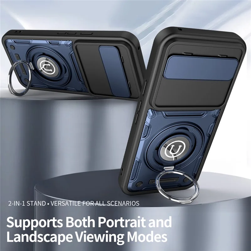 For Google Pixel 10 Pro XL Case with Slide Camera Cover Ring Kickstand PC + TPU Phone Shell - Dark Blue