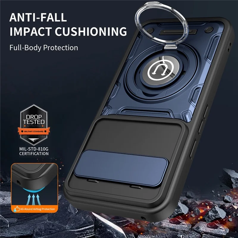 For Google Pixel 10 Pro XL Case with Slide Camera Cover Ring Kickstand PC + TPU Phone Shell - Dark Blue