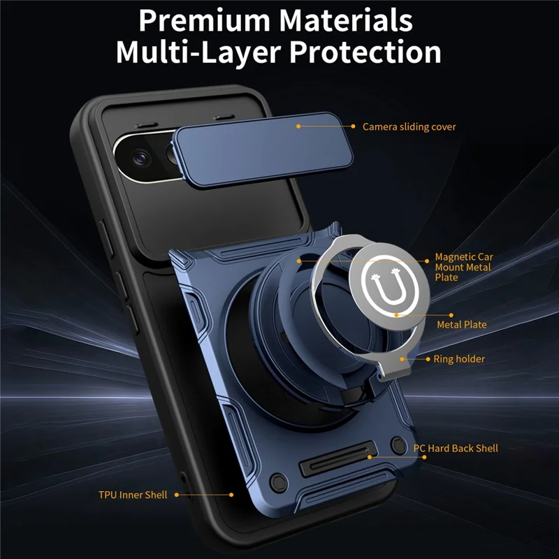 For Google Pixel 10 Pro XL Case with Slide Camera Cover Ring Kickstand PC + TPU Phone Shell - Dark Blue