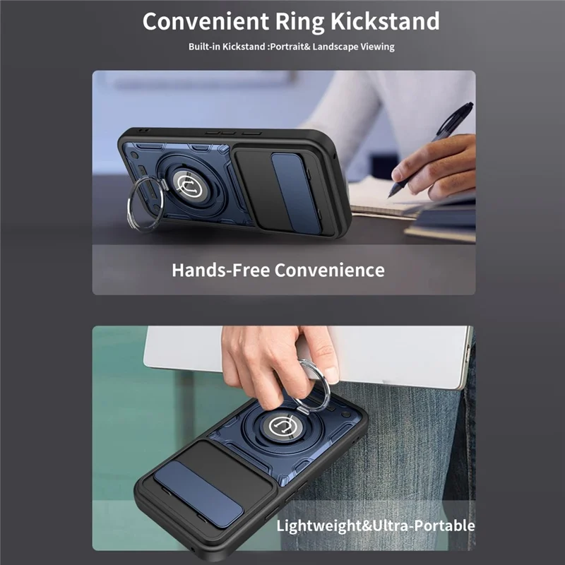 For Google Pixel 10 Pro XL Case with Slide Camera Cover Ring Kickstand PC + TPU Phone Shell - Dark Blue