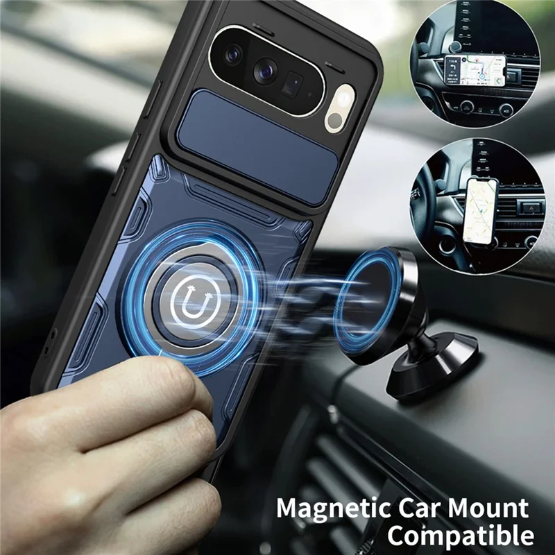 For Google Pixel 10 Pro XL Case with Slide Camera Cover Ring Kickstand PC + TPU Phone Shell - Dark Blue