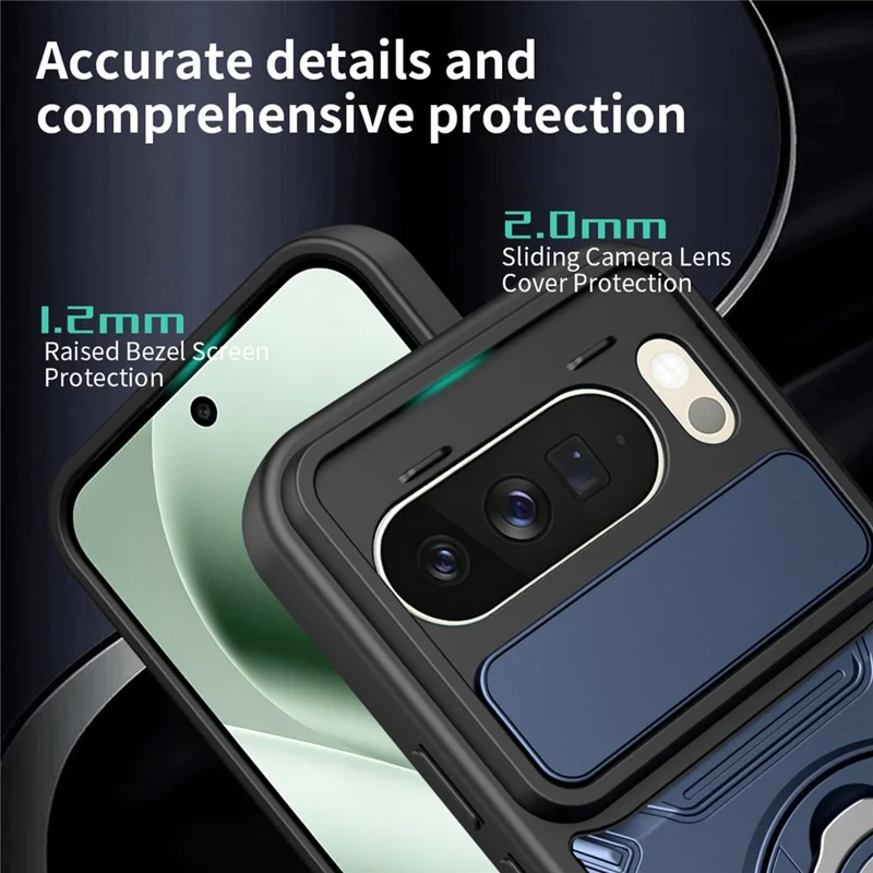 For Google Pixel 10 Pro XL Case with Slide Camera Cover Ring Kickstand PC + TPU Phone Shell - Dark Blue