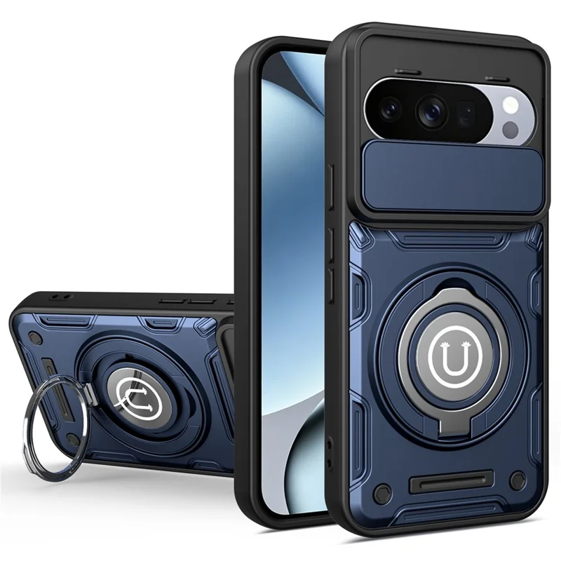 For Google Pixel 10 / Pixel 10 Pro Case with Slide Camera Cover Ring Kickstand PC + TPU Phone Shell - Dark Blue