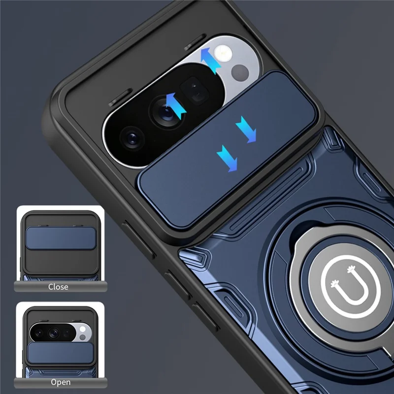 For Google Pixel 10 / Pixel 10 Pro Case with Slide Camera Cover Ring Kickstand PC + TPU Phone Shell - Dark Blue