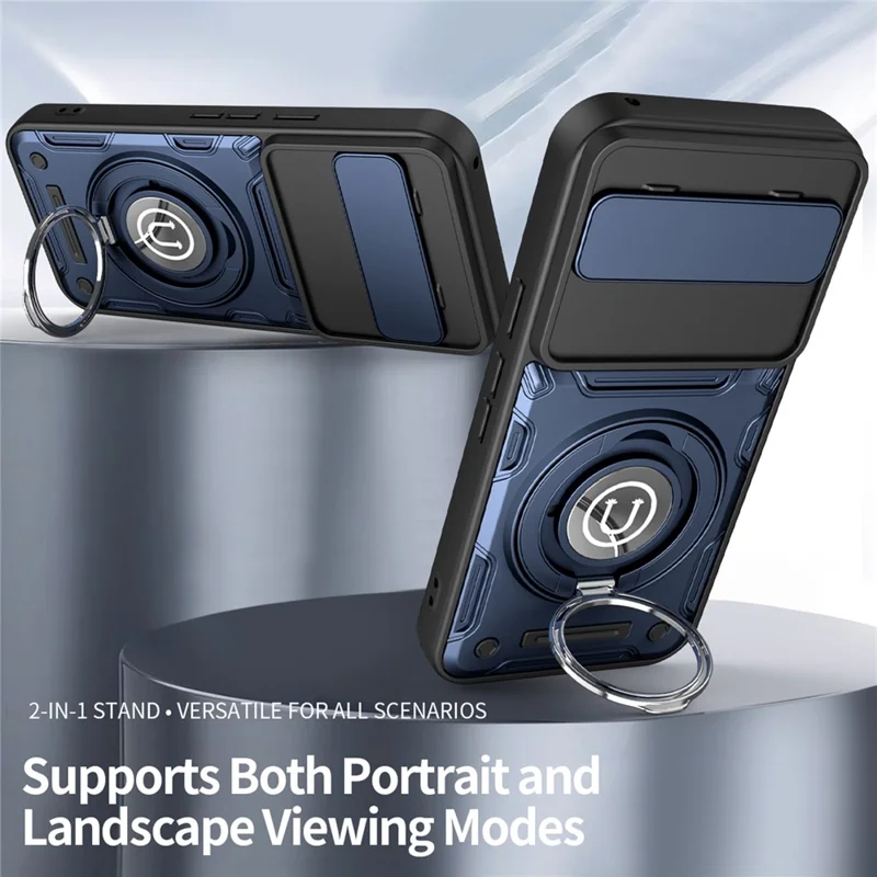 For Google Pixel 10 / Pixel 10 Pro Case with Slide Camera Cover Ring Kickstand PC + TPU Phone Shell - Dark Blue