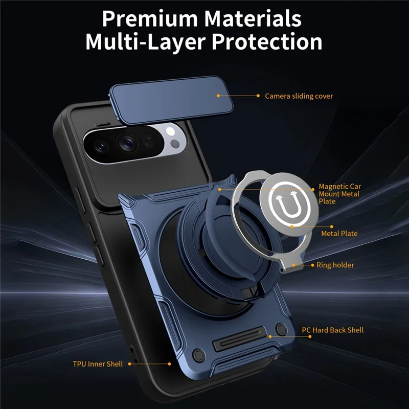 For Google Pixel 10 / Pixel 10 Pro Case with Slide Camera Cover Ring Kickstand PC + TPU Phone Shell - Dark Blue