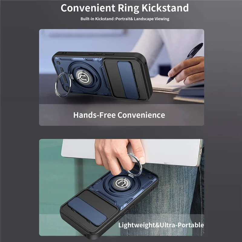 For Google Pixel 10 / Pixel 10 Pro Case with Slide Camera Cover Ring Kickstand PC + TPU Phone Shell - Dark Blue