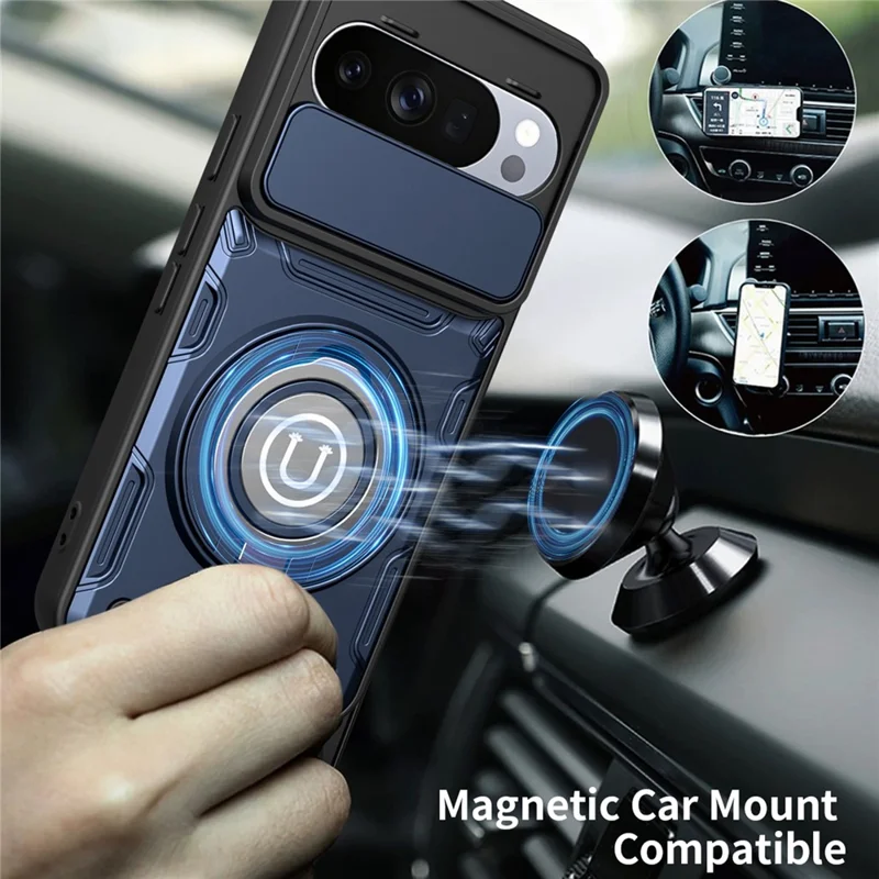 For Google Pixel 10 / Pixel 10 Pro Case with Slide Camera Cover Ring Kickstand PC + TPU Phone Shell - Dark Blue