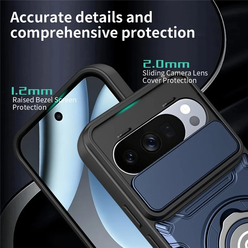 For Google Pixel 10 / Pixel 10 Pro Case with Slide Camera Cover Ring Kickstand PC + TPU Phone Shell - Dark Blue