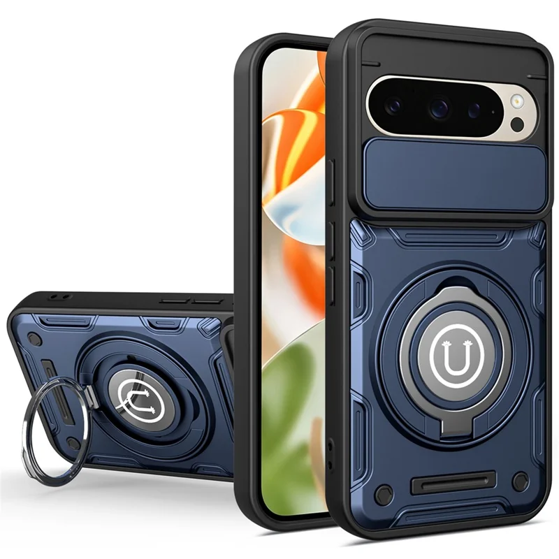 For Google Pixel 9 / Pixel 9 Pro Case with Slide Camera Cover Ring Kickstand PC + TPU Phone Shell - Dark Blue