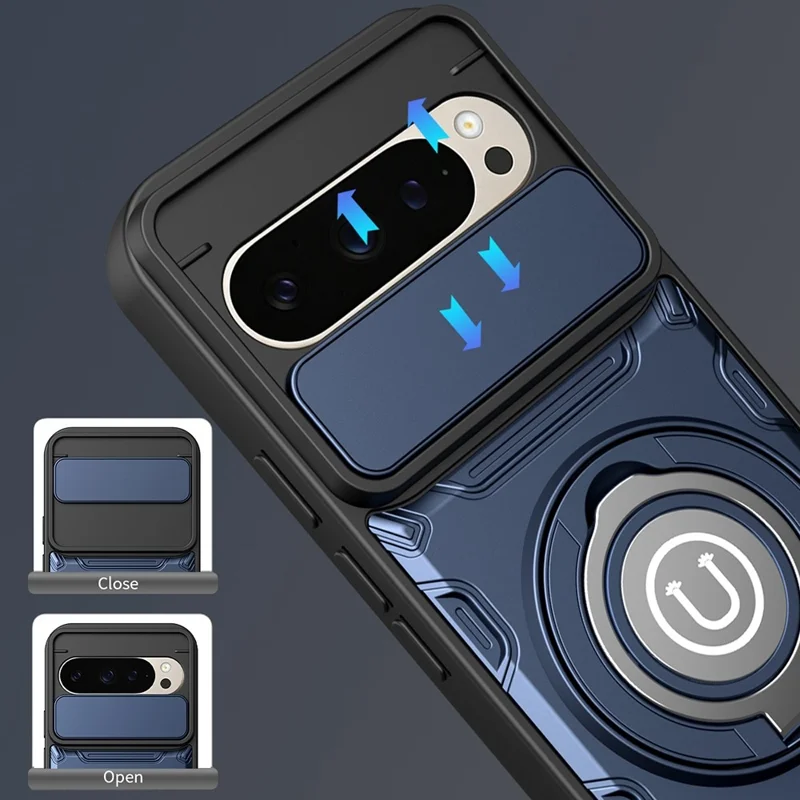 For Google Pixel 9 / Pixel 9 Pro Case with Slide Camera Cover Ring Kickstand PC + TPU Phone Shell - Dark Blue