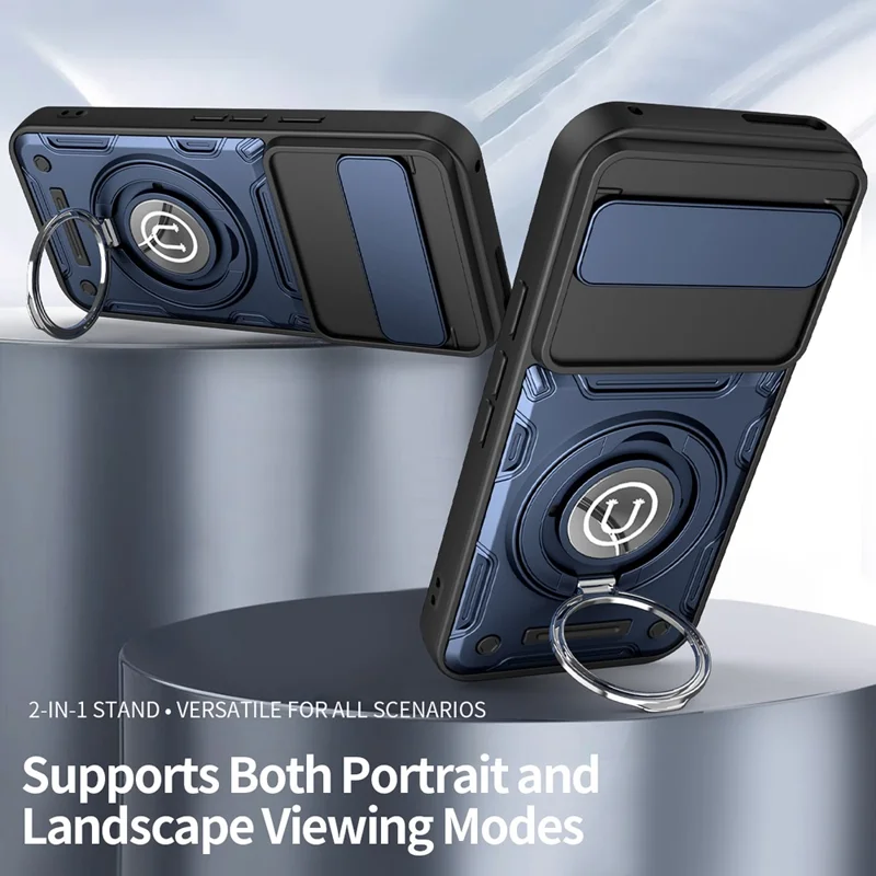For Google Pixel 9 / Pixel 9 Pro Case with Slide Camera Cover Ring Kickstand PC + TPU Phone Shell - Dark Blue
