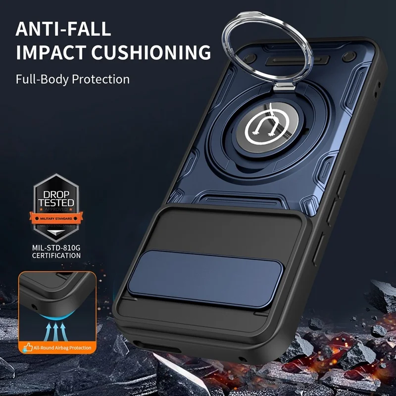 For Google Pixel 9 / Pixel 9 Pro Case with Slide Camera Cover Ring Kickstand PC + TPU Phone Shell - Dark Blue