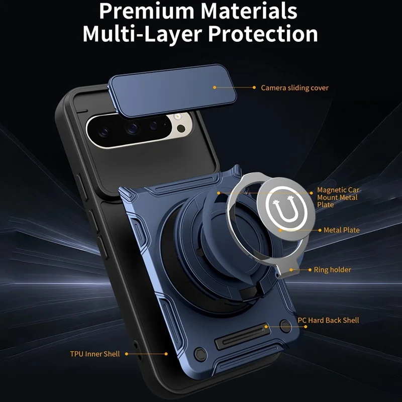 For Google Pixel 9 / Pixel 9 Pro Case with Slide Camera Cover Ring Kickstand PC + TPU Phone Shell - Dark Blue