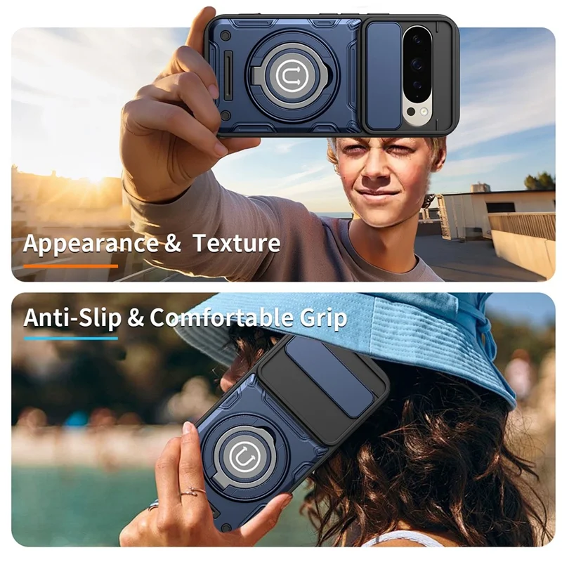 For Google Pixel 9 / Pixel 9 Pro Case with Slide Camera Cover Ring Kickstand PC + TPU Phone Shell - Dark Blue