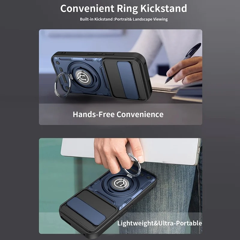 For Google Pixel 9 / Pixel 9 Pro Case with Slide Camera Cover Ring Kickstand PC + TPU Phone Shell - Dark Blue