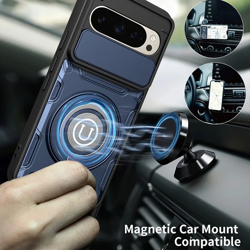 For Google Pixel 9 / Pixel 9 Pro Case with Slide Camera Cover Ring Kickstand PC + TPU Phone Shell - Dark Blue