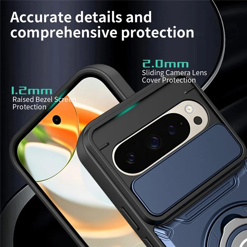 For Google Pixel 9 / Pixel 9 Pro Case with Slide Camera Cover Ring Kickstand PC + TPU Phone Shell - Dark Blue