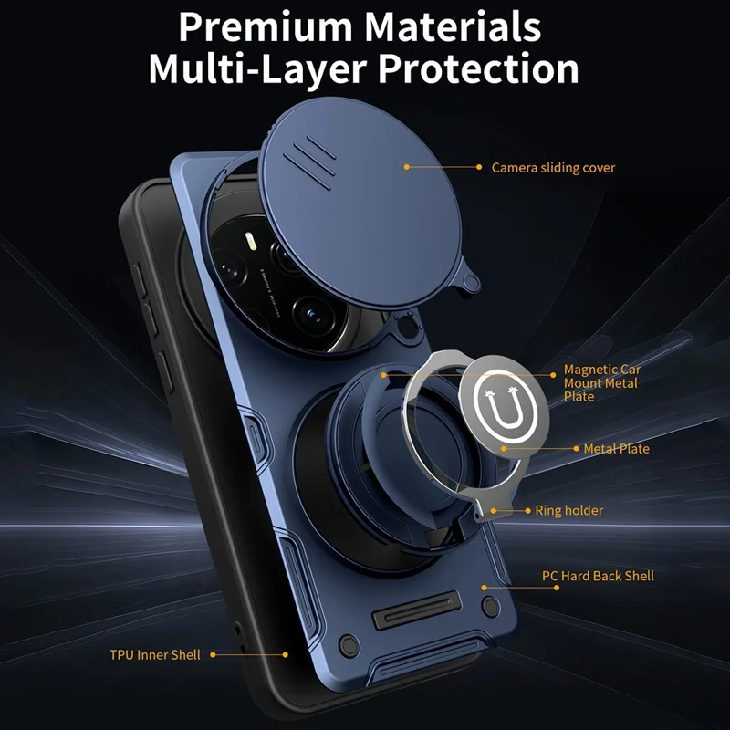 غطاء لهاتف Honor Magic7 Pro 5G مع غطاء كاميرا منزلق وحلقة دعامة وغطاء هاتف من مادة البولي كربونات + TPU - أزرق داكن