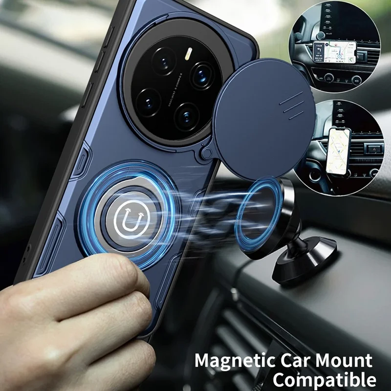غطاء لهاتف Honor Magic7 Pro 5G مع غطاء كاميرا منزلق وحلقة دعامة وغطاء هاتف من مادة البولي كربونات + TPU - أزرق داكن