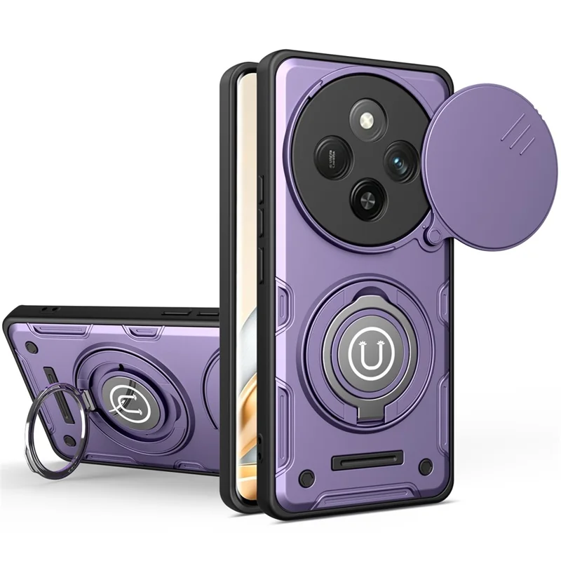 Telefonhölse för Honor Magic7 Lite 5G / X60 Pro 5G / X9c 5G Ringstöd PC + TPU-skåll med glidande kamerahölja - Lila