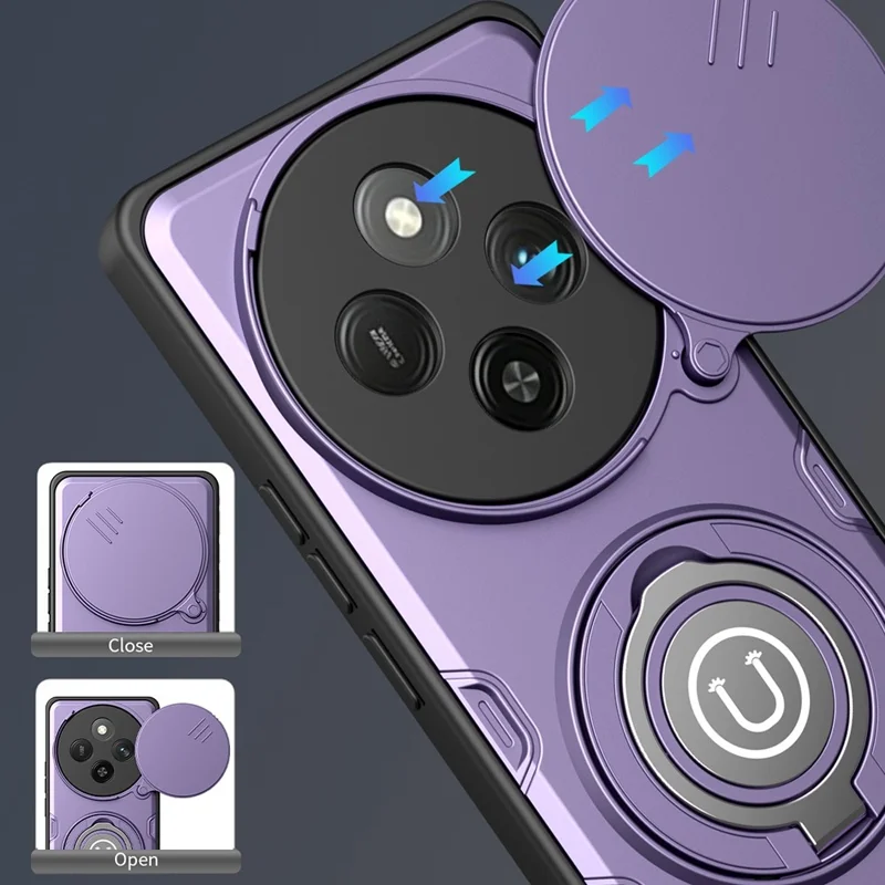 Telefonhölse för Honor Magic7 Lite 5G / X60 Pro 5G / X9c 5G Ringstöd PC + TPU-skåll med glidande kamerahölja - Lila