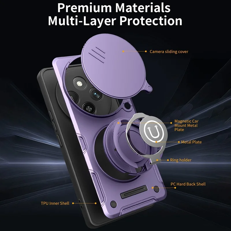 Telefonhölse för Honor Magic7 Lite 5G / X60 Pro 5G / X9c 5G Ringstöd PC + TPU-skåll med glidande kamerahölja - Lila