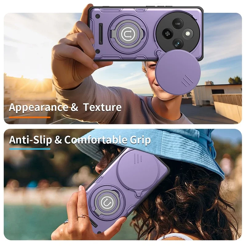 Telefonhölse för Honor Magic7 Lite 5G / X60 Pro 5G / X9c 5G Ringstöd PC + TPU-skåll med glidande kamerahölja - Lila