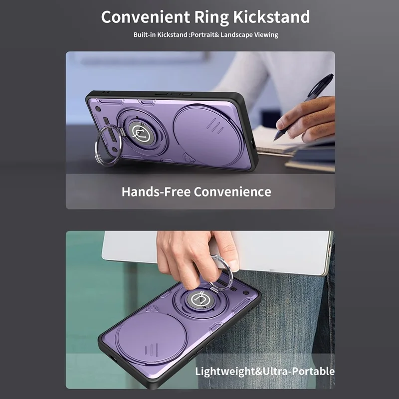 Telefonhölse för Honor Magic7 Lite 5G / X60 Pro 5G / X9c 5G Ringstöd PC + TPU-skåll med glidande kamerahölja - Lila