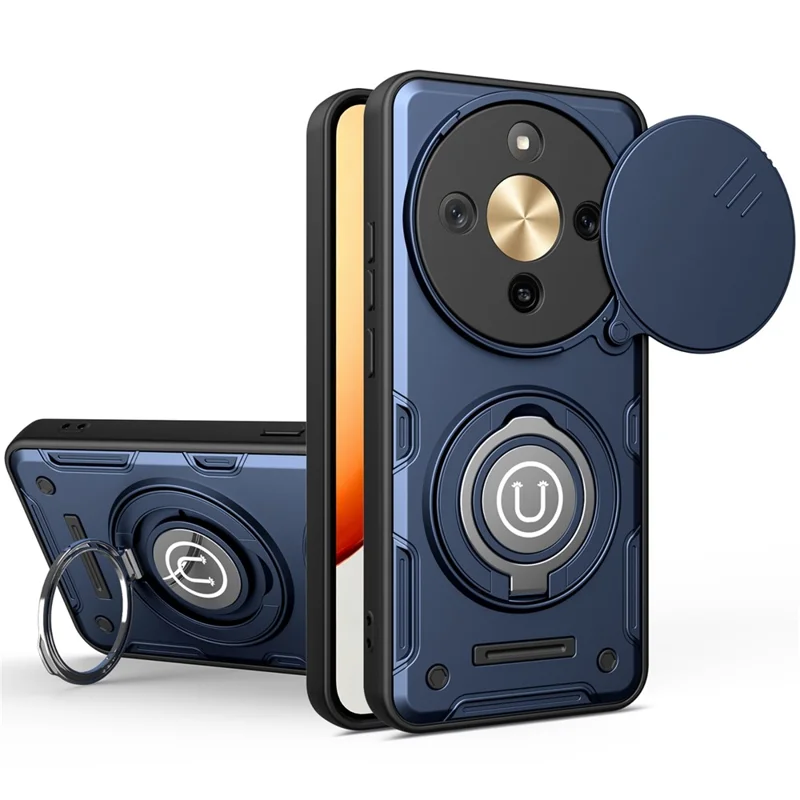 Phone Case For Honor X70 5G / X9d 5G / Magic8 Lite 5G Ring Kickstand PC + TPU Shell with Slide Camera Cover - Dark Blue