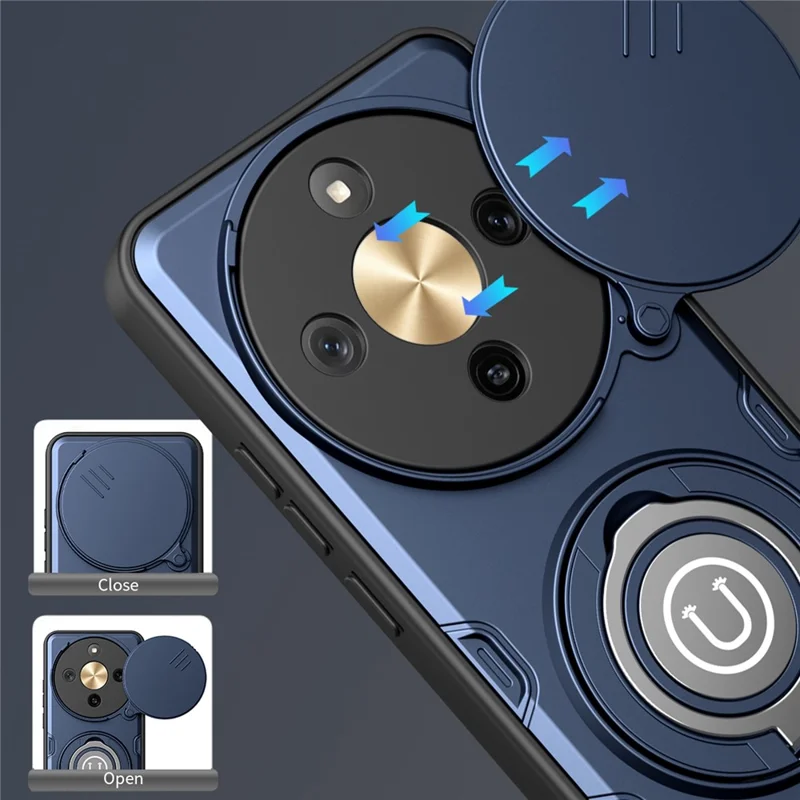 Phone Case For Honor X70 5G / X9d 5G / Magic8 Lite 5G Ring Kickstand PC + TPU Shell with Slide Camera Cover - Dark Blue