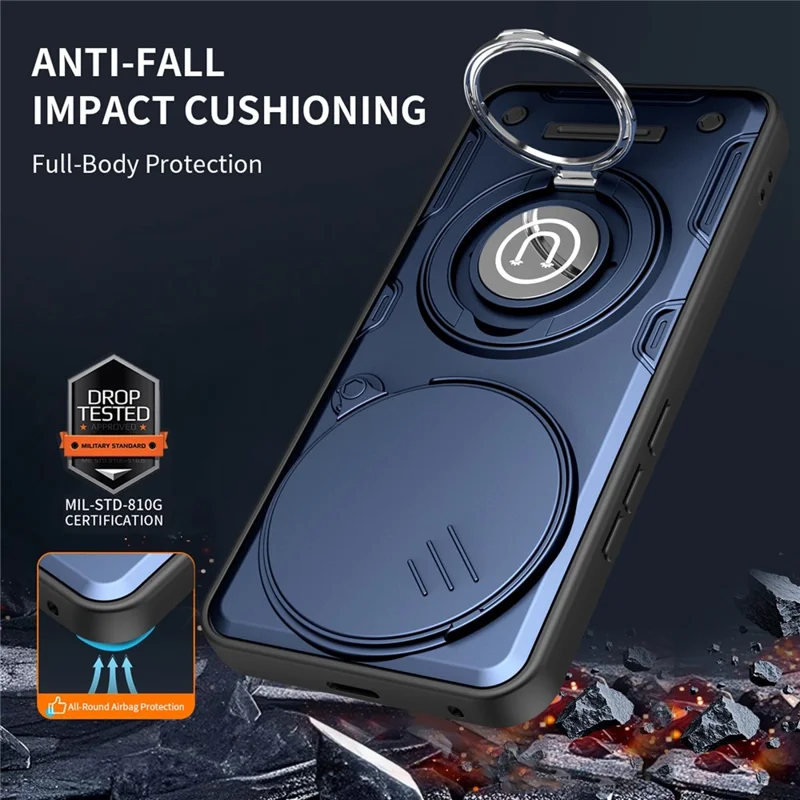 Phone Case For Honor X70 5G / X9d 5G / Magic8 Lite 5G Ring Kickstand PC + TPU Shell with Slide Camera Cover - Dark Blue